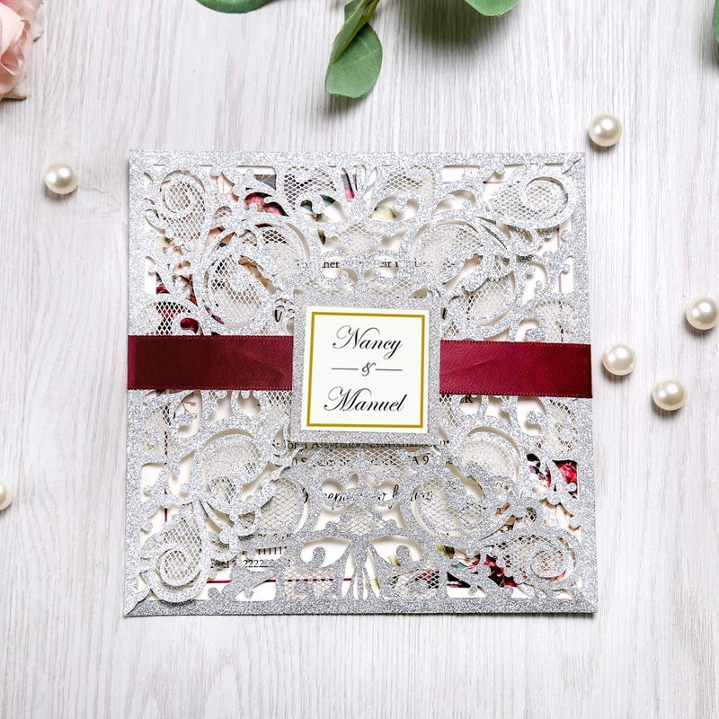 DreamBuilt 63 X 63 Inch 50PCS Blank Silver Glitter Laser Cut Wedding Invitations With Envelopes Hollow Rose Pocket With Burgundy Ribbon Belly Band Wedding Invitation Cards For Wedding Invite