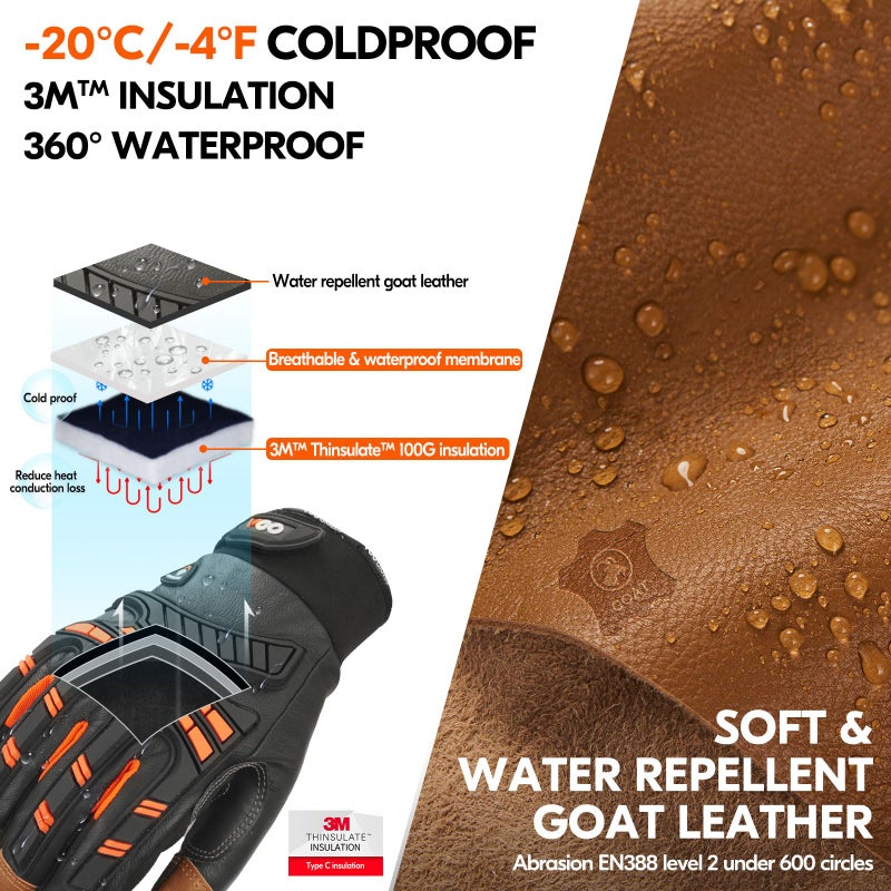 Vgo... -4â„‰ or above Winter Waterproof High Dexterity Heavy Duty Mechanic Glove, Anti-vibration, Anti-abrasion, Touchscreen (XXL,Orange,GA8954FW) - Image 2