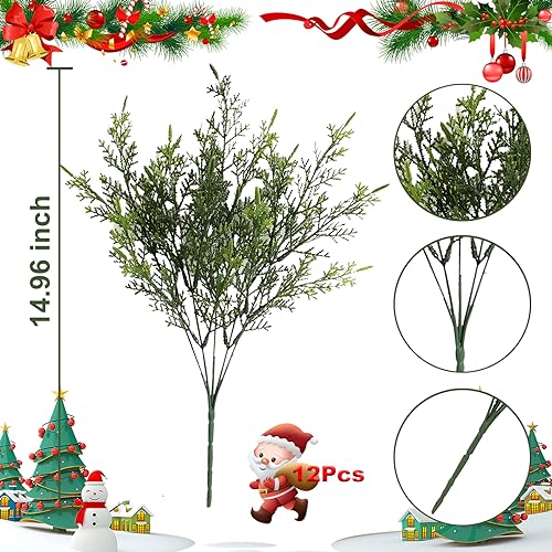 Yoratee Artificial Outdoor Plants 12 PCS Fake Cedar Plants Plastic Faux Pinetree Stems Greenery Shrubs UV Resistant Colorfast Indoor Outdoor Christmas Home Decor for Windowbox Garden Porch Path - Image 3