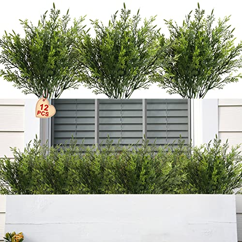 Yoratee Artificial Outdoor Plants 12 PCS Fake Cedar Plants Plastic Faux Pinetree Stems Greenery Shrubs UV Resistant Colorfast Indoor Outdoor Christmas Home Decor for Windowbox Garden Porch Path - Image 1
