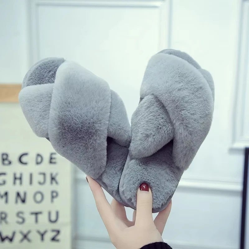 Y&D Home Shoes Women House Slippers Warm Faux Fur Ladies Cross Soft Plush Furry Female Open Toe Slides Fur Fuzzy Slippers Women - Image 2