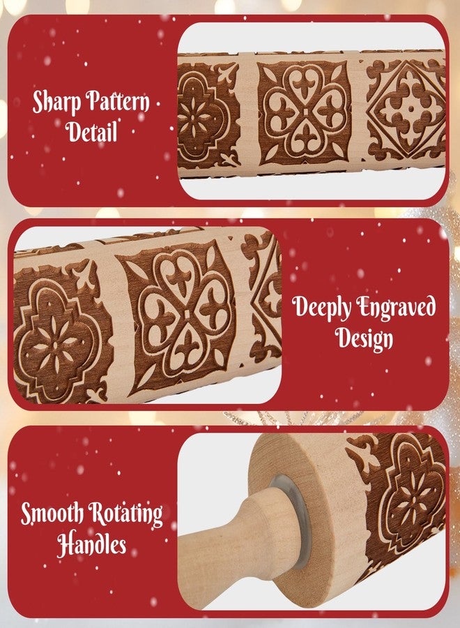 Gobam Embossed Rolling Pin for Cookies, Engraved Wooden Rolling Pin for Baking, Deep Pattern Cookie Roller for Christmas, Holiday, DIY Kitchen Decor and Gift - Vintage Tile - Image 3