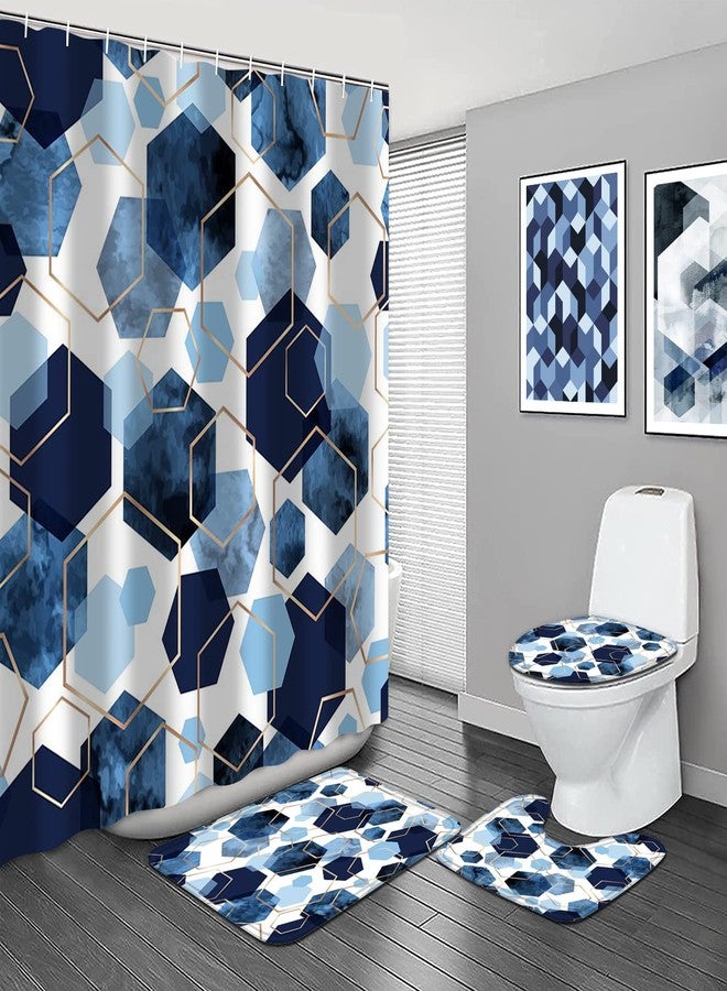 LQCOOL 4Pcs Sky Blue Geometric Shower Curtain Set with Navy Blue Abstract Art, 12 Hooks, Bath Mat and Rugs - Image 2