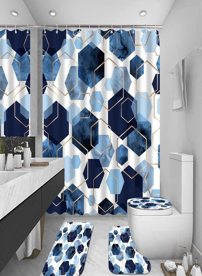 LQCOOL 4Pcs Sky Blue Geometric Shower Curtain Set with Navy Blue Abstract Art, 12 Hooks, Bath Mat and Rugs - Image 4