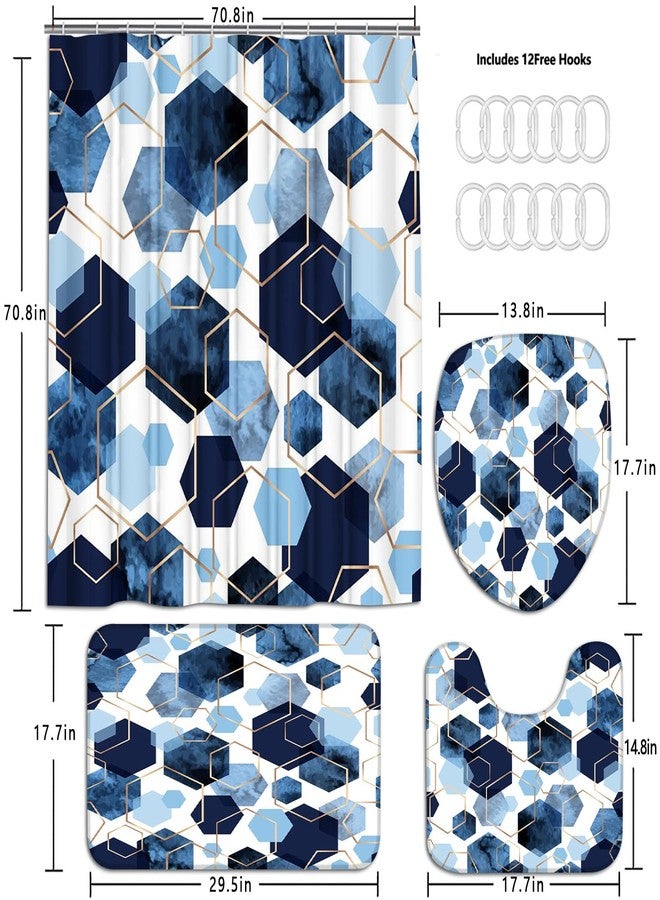 LQCOOL 4Pcs Sky Blue Geometric Shower Curtain Set with Navy Blue Abstract Art, 12 Hooks, Bath Mat and Rugs - Image 3