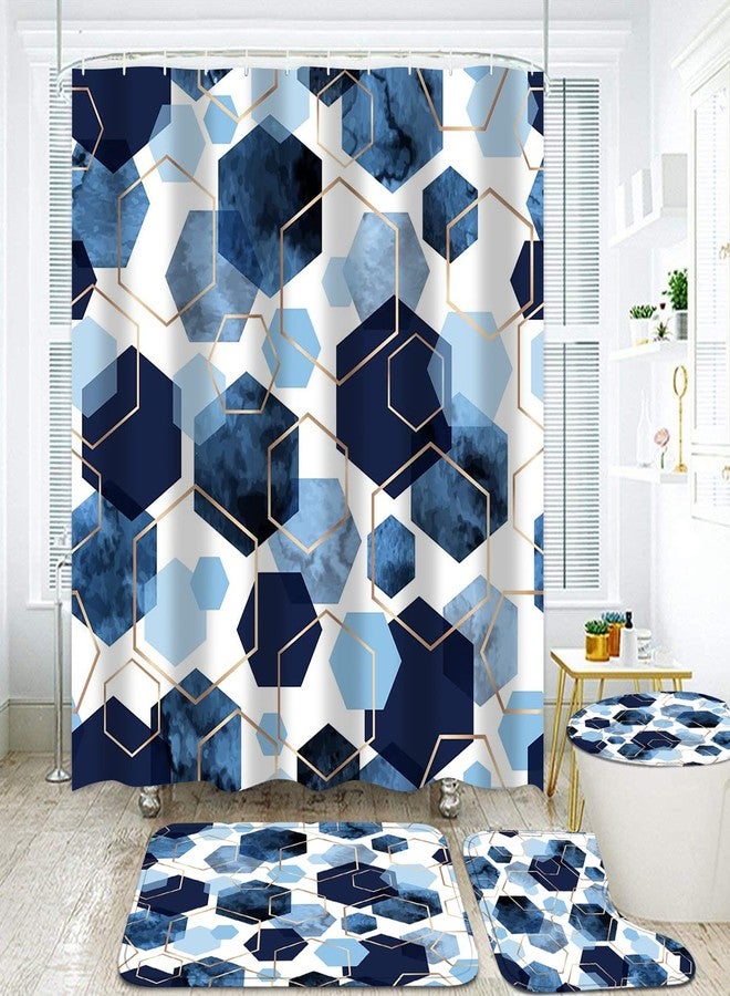 LQCOOL 4Pcs Sky Blue Geometric Shower Curtain Set with Navy Blue Abstract Art, 12 Hooks, Bath Mat and Rugs - Image 1