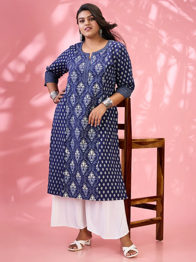 globus Gloplus Women Blue Round Neck Ethnic & Floral Print Panelled Straight Plus Size Kurta