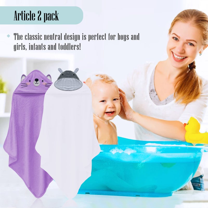 Cute Castle 2 Pack Hooded Baby Towel Rayon Made from Bamboo with 8 Washcloths - Soft Bath Towel for Bathtub for Babie, Newborn, Infant, Natural Baby Stuff Towel (Hippo and Cat) - Image 4