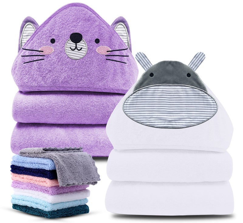 Cute Castle 2 Pack Hooded Baby Towel Rayon Made from Bamboo with 8 Washcloths - Soft Bath Towel for Bathtub for Babie, Newborn, Infant, Natural Baby Stuff Towel (Hippo and Cat) - Image 1