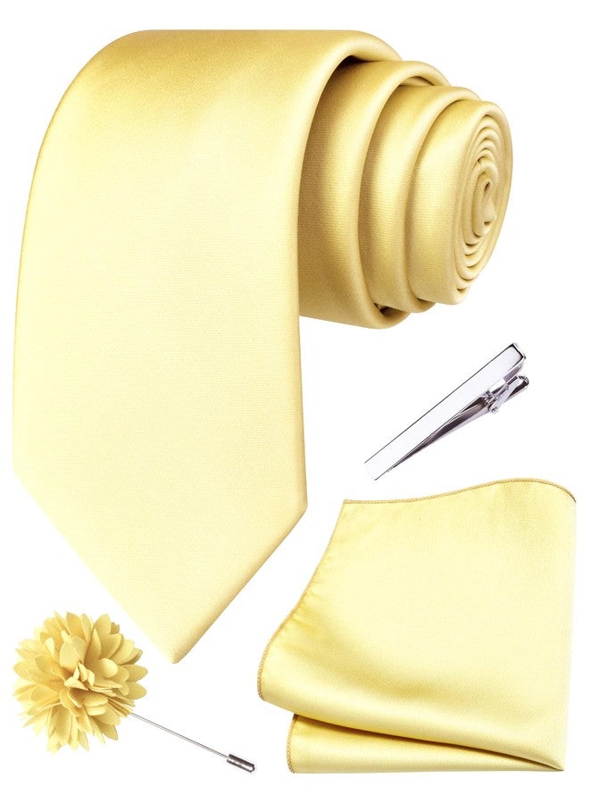Branduce Light Yellow Tie for Men Wedding Solid Satin Silk Blend Necktie Pocket Square Tie Clip and Lapel Pin Brooch Set (TA14-11) - Image 1
