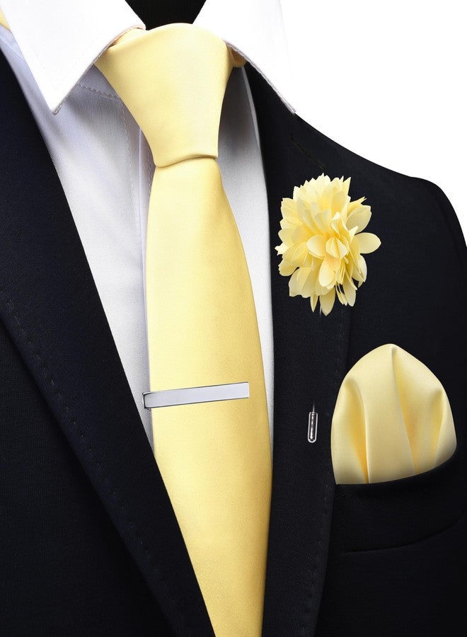 Branduce Light Yellow Tie for Men Wedding Solid Satin Silk Blend Necktie Pocket Square Tie Clip and Lapel Pin Brooch Set (TA14-11) - Image 2