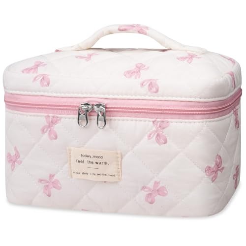 Gosect Large Makeup Bag, Cute Cosmetic Bag for Women Girls, Floral Coquette Aesthetic Toiletry Bag, Travel Make Up Organizer Bag ((White Butterfly Flower)) - Image 1