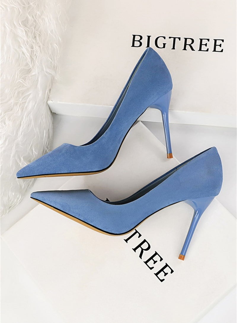 BIGTREE 9cm Fashion Simple Fine Heel Suede Shallow Mouth Pointed High-Heeled Shoes For Women Blue  - Image 2