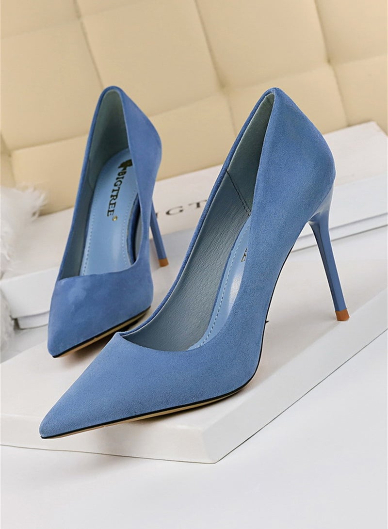 BIGTREE 9cm Fashion Simple Fine Heel Suede Shallow Mouth Pointed High-Heeled Shoes For Women Blue  - Image 1