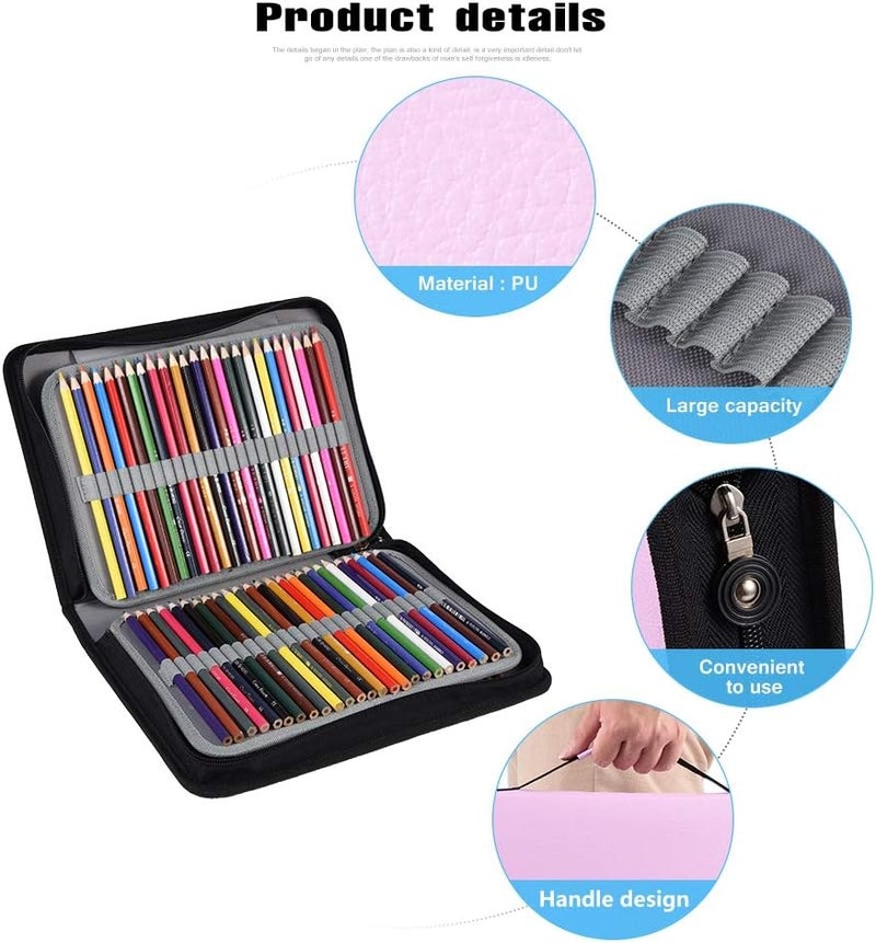 150 Holes Large Capacity PU Leather Pencil Case Zipper Pen Bag with Elasticity Strap (6 Colors)(Pink) - Image 2