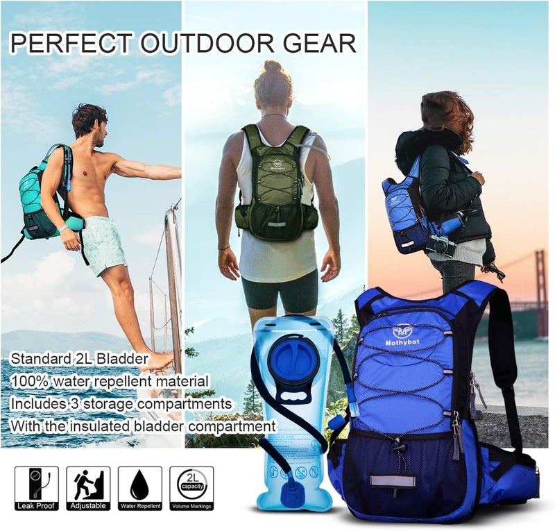 Mothybot Hydration Pack, Insulated Hydration Backpack with 2L BPA Free Water Bladder and Storage, Hiking Backpack for Men, Women, Kids for Running, Cycling, Camping - Keep Liquid Cool up to 5 Hours - Image 5