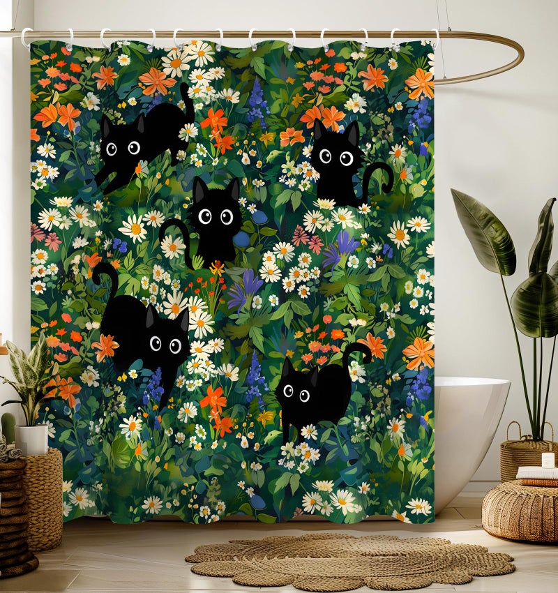 Stanoha Shower Curtain for Bathroom Stall Boho Modern Cute Aesthetic Decorative Girly Waterproof Unique Cats Flowers Girls Chic Print Design Teen Pretty Women Cortinas de BaÃ±o Bathtub 72 x72 Inch - Image 1