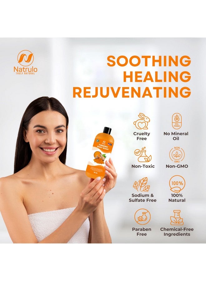 Natrulo Turmeric Body Wash - Skin Brightening Turmeric Soap for Dark Spots, Hyperpigmentation - Exfoliating Turmeric Face Wash Reduces Acne, Scars, & Cleanses Skin - Natural Turmeric Liquid Soap Made in USA - Image 2
