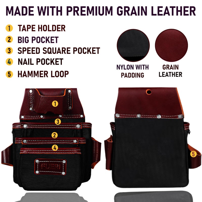 FUERI Electrician's Heavy Duty 26 Pocket Leather-Nylon Tool Belt & Bag Combo for Men, Comfort Back Support Padded Belt, 2 Large Storage Capacity Pouches, Best for Framers, Carpenter, Roofing - Image 2