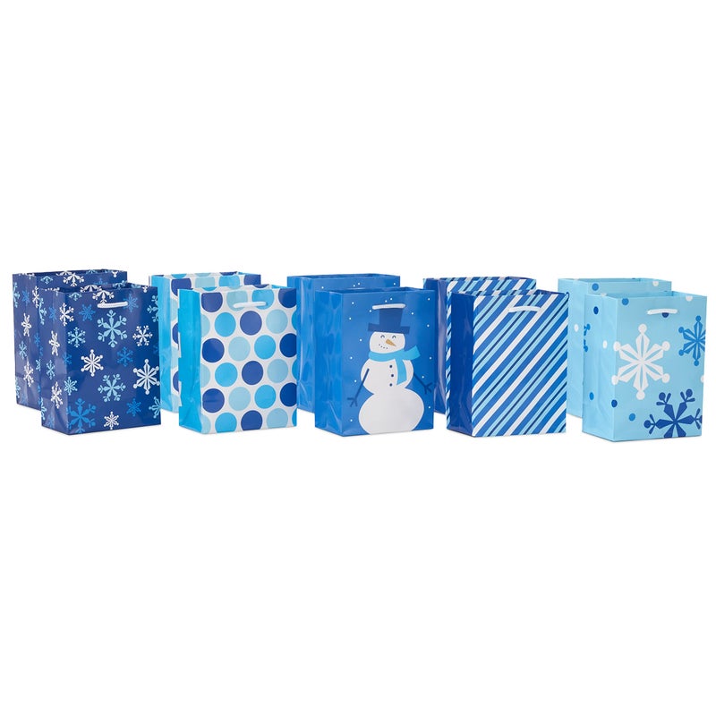 Hallmark Image Arts 5 Small Gift Bags Bulk 10 Blue and White Bags Snowflakes Stripes Snowmen Polka Dots for Kids Coworkers Gift Cards Party Favors