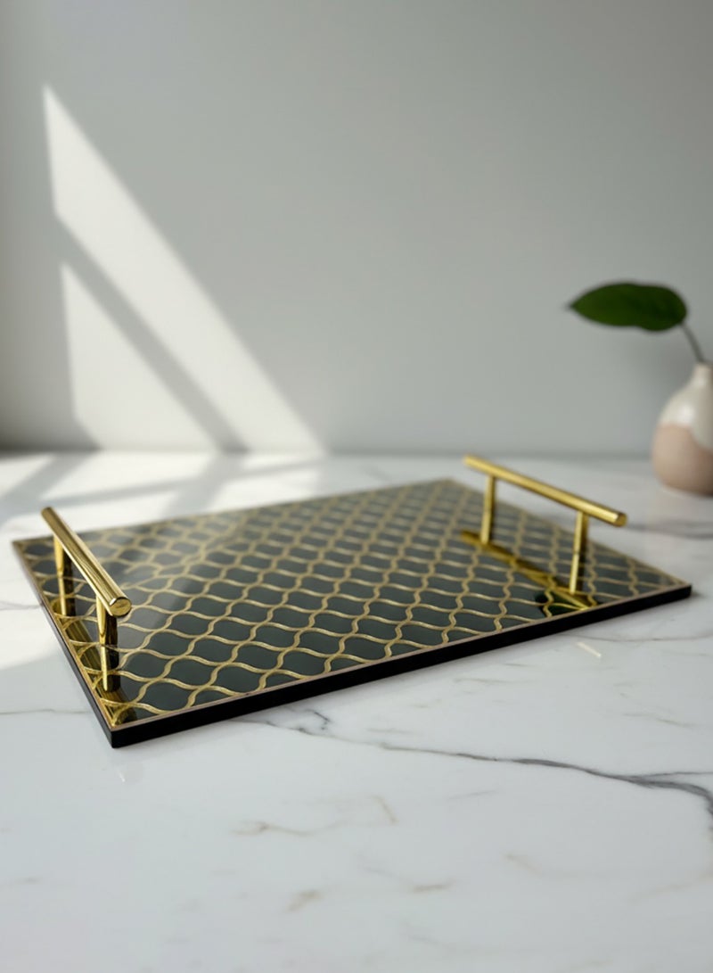 لوحة صينية تقديم من الأكريليك بتصميم مزخرف ومقابض معدنية ذهبية اللون - Image 1