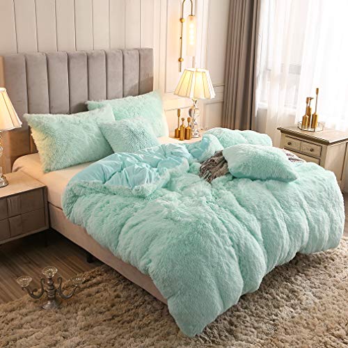 Uhamho Faux Fur Velvet Fluffy Bedding Duvet Cover Set Down Comforter Quilt Cover with Pillow Shams, Ultra Soft Warm (Queen, Aqua) - Image 2