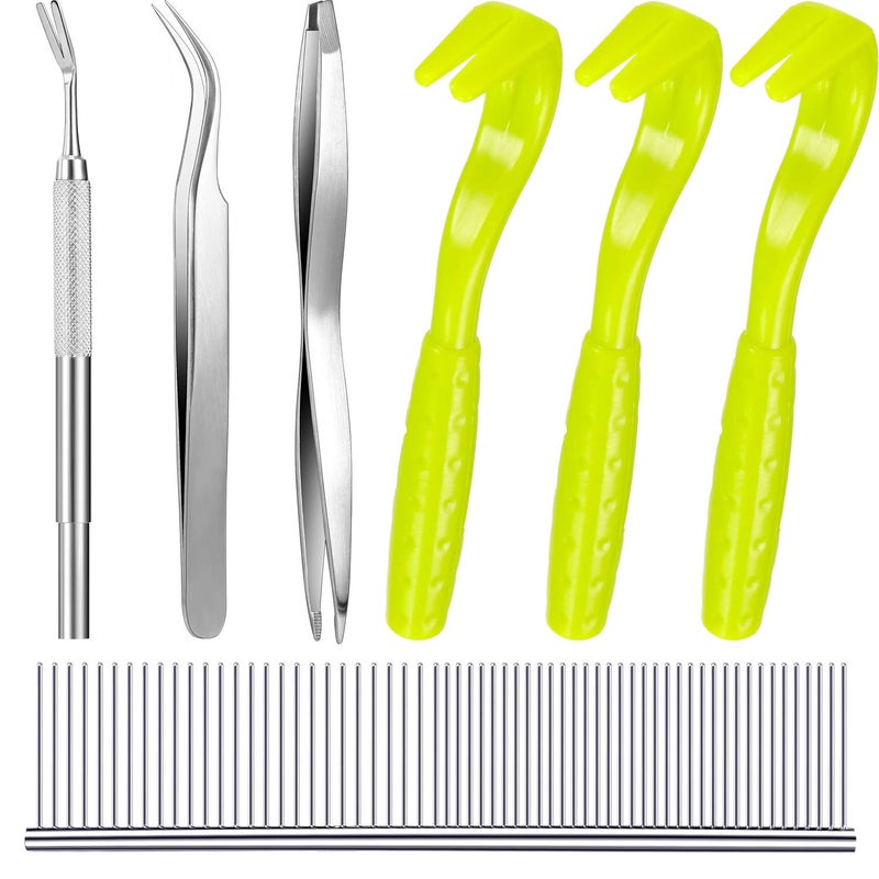 Boao 7 Pcs Tick Removal Tool Kit, Include 3 Plastic Removers, 3 Stainless Steel Tweezers with Comb for Dog and Cats(Fluorescent Green) - Image 1