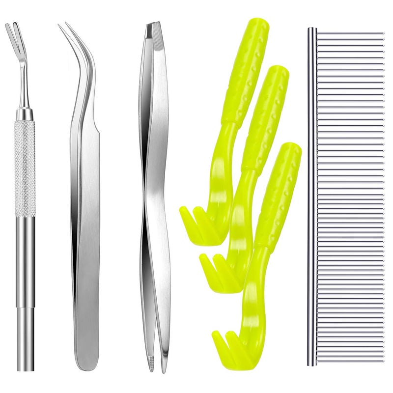 Boao 7 Pcs Tick Removal Tool Kit, Include 3 Plastic Removers, 3 Stainless Steel Tweezers with Comb for Dog and Cats(Fluorescent Green) - Image 2