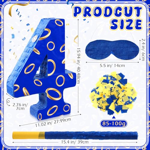 Simgoing Number 4 Blue and Golden Rings Piata for Kids Birthday Cartoon Theme Small Piata with Blindfold Stick Confetti for Fiesta Cinco De Mayo Party Decor 158 x 11 x 28 Inch - Image 5