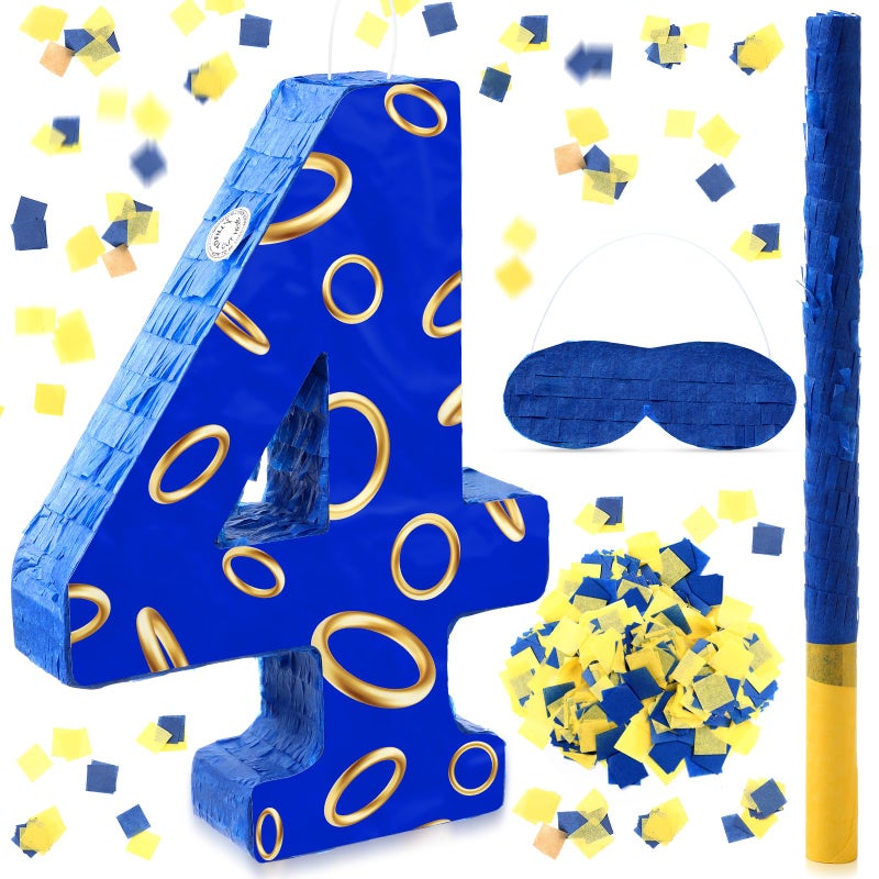 Simgoing Number 4 Blue and Golden Rings Piata for Kids Birthday Cartoon Theme Small Piata with Blindfold Stick Confetti for Fiesta Cinco De Mayo Party Decor 158 x 11 x 28 Inch - Image 3