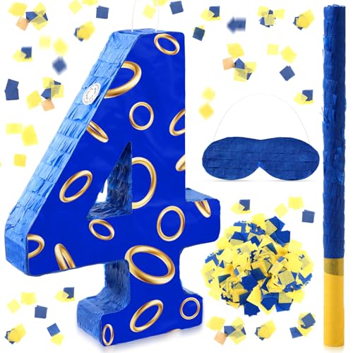 Simgoing Number 4 Blue and Golden Rings Piata for Kids Birthday Cartoon Theme Small Piata with Blindfold Stick Confetti for Fiesta Cinco De Mayo Party Decor 158 x 11 x 28 Inch - Image 1