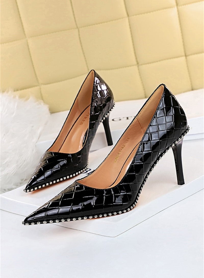 BIGTREE 8cm Fashion Simple Slim Heels High Heels Bright Surface Patent Leather Shallow Mouth Pointed Women's Heels Black - Image 1