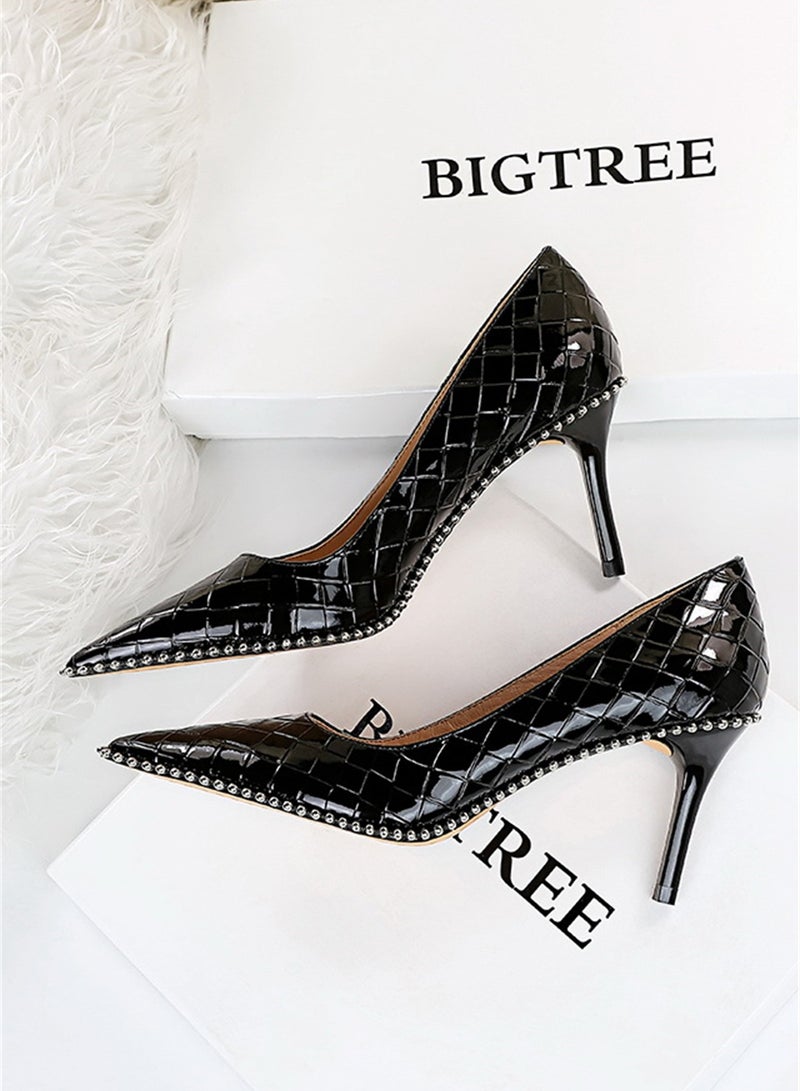 BIGTREE 8cm Fashion Simple Slim Heels High Heels Bright Surface Patent Leather Shallow Mouth Pointed Women's Heels Black - Image 2