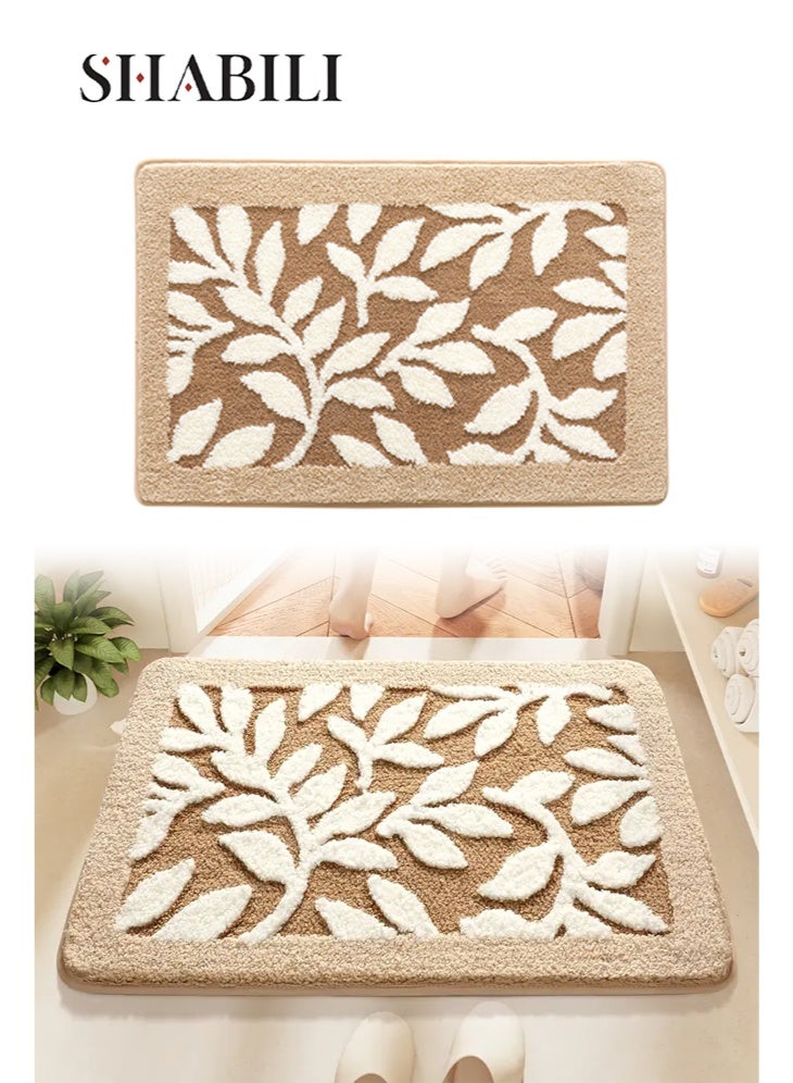 شبيلي سجادة حمام ميكروفايبر للمدخل وسجادة ترحيب، نقشة أوراق ماصة وسريعة الجفاف منخفضة الارتفاع مع ظهر غير منزلق، قابلة للغسل متينة تحبس الأوساخ والرطوبة مناسبة للحمامات والمداخل والمنازل والشقق بيج أبيض - Image 1