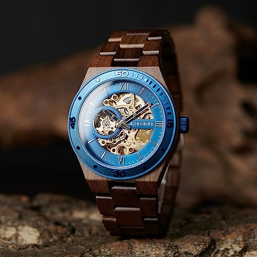 BOBO BIRD Mens Wood Watches Skeleton Mechanical Wooden Watch Lightweight Luxury Wristwatches with Natural Wood Band of Limited Edition Collection for Men (blue1) - Image 2