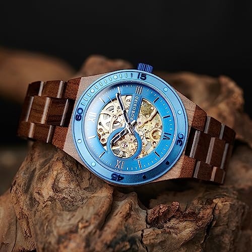 BOBO BIRD Mens Wood Watches Skeleton Mechanical Wooden Watch Lightweight Luxury Wristwatches with Natural Wood Band of Limited Edition Collection for Men (blue1) - Image 4