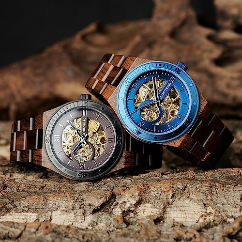 BOBO BIRD Mens Wood Watches Skeleton Mechanical Wooden Watch Lightweight Luxury Wristwatches with Natural Wood Band of Limited Edition Collection for Men (blue1) - Image 5