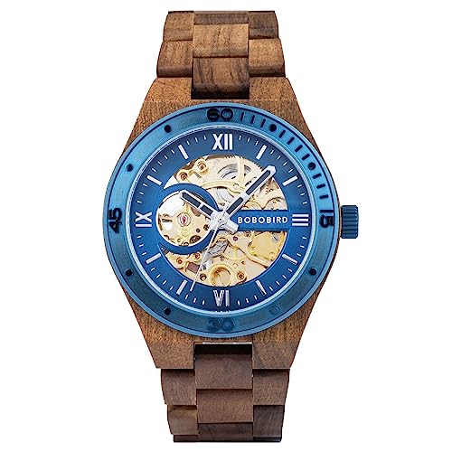 BOBO BIRD Mens Wood Watches Skeleton Mechanical Wooden Watch Lightweight Luxury Wristwatches with Natural Wood Band of Limited Edition Collection for Men (blue1) - Image 1
