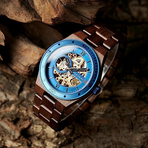 BOBO BIRD Mens Wood Watches Skeleton Mechanical Wooden Watch Lightweight Luxury Wristwatches with Natural Wood Band of Limited Edition Collection for Men (blue1) - Image 3