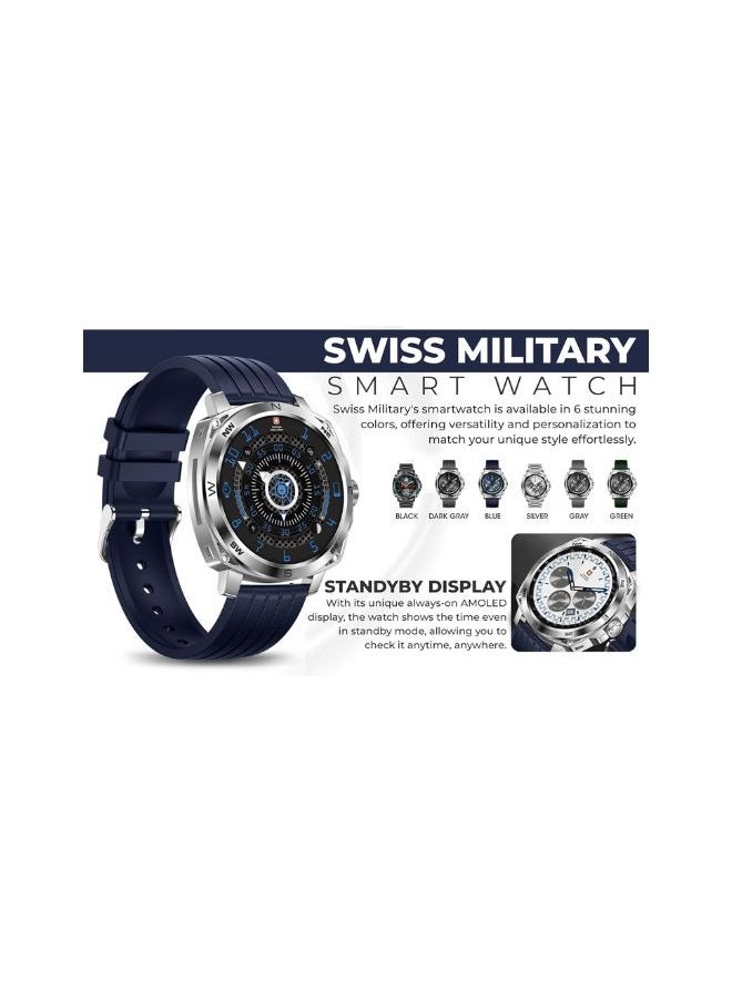 SWISS MILITARY - Swiss Military Dom 4 Smartwatch - 1.43" AMOLED, Call Features, Multi Language, Heart Rate/BP/Oxygen Level Monitoring, Wireless Charging, 5-7 Days Battery Life,IP67, Compatibility: iOS/Android- Blue - Image 1