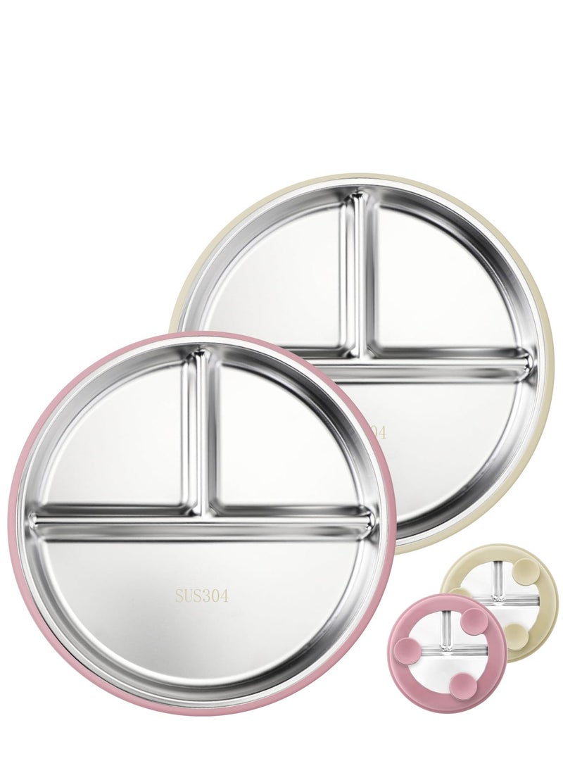 2 قطعة من أطباق الأطفال المصنوعة من الفولاذ المقاوم للصدأ مع شفط، أطباق أطفال مقسمة 9 بوصة بأكمام سيليكون قابلة للإزالة، أطباق أطفال غير قابلة للانزلاق، طقم أواني طعام معدنية للأطفال الصغار غير قابلة للكسر (وردي، بيج) - Image 1