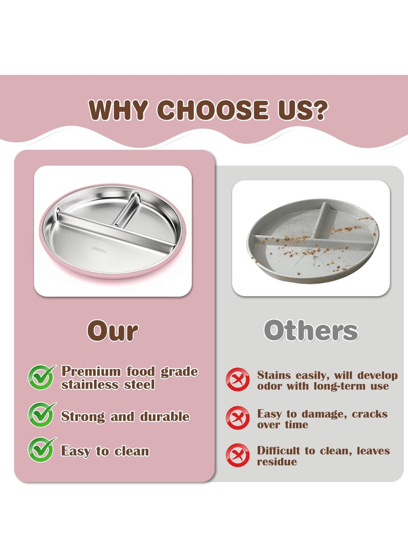 2 قطعة من أطباق الأطفال المصنوعة من الفولاذ المقاوم للصدأ مع شفط، أطباق أطفال مقسمة 9 بوصة بأكمام سيليكون قابلة للإزالة، أطباق أطفال غير قابلة للانزلاق، طقم أواني طعام معدنية للأطفال الصغار غير قابلة للكسر (وردي، بيج) - Image 3