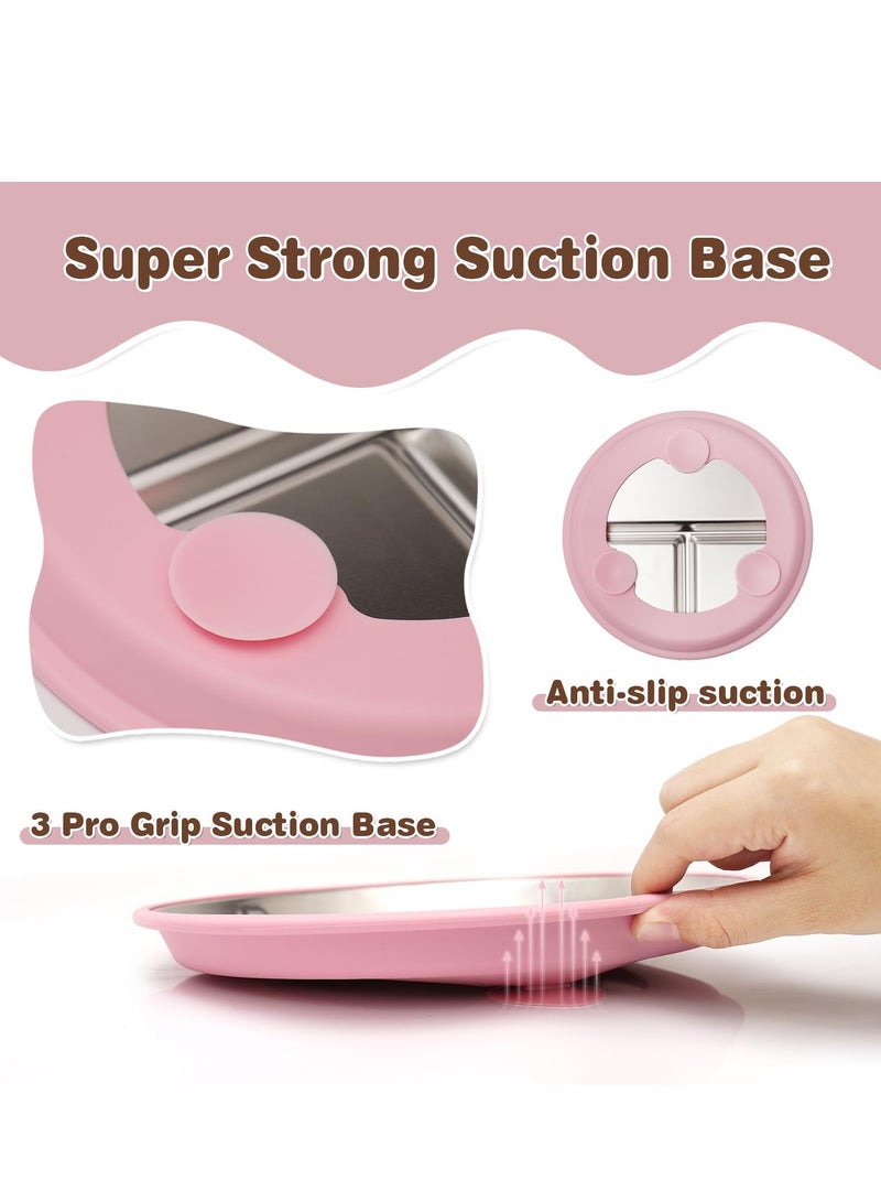 2 قطعة من أطباق الأطفال المصنوعة من الفولاذ المقاوم للصدأ مع شفط، أطباق أطفال مقسمة 9 بوصة بأكمام سيليكون قابلة للإزالة، أطباق أطفال غير قابلة للانزلاق، طقم أواني طعام معدنية للأطفال الصغار غير قابلة للكسر (وردي، بيج) - Image 4