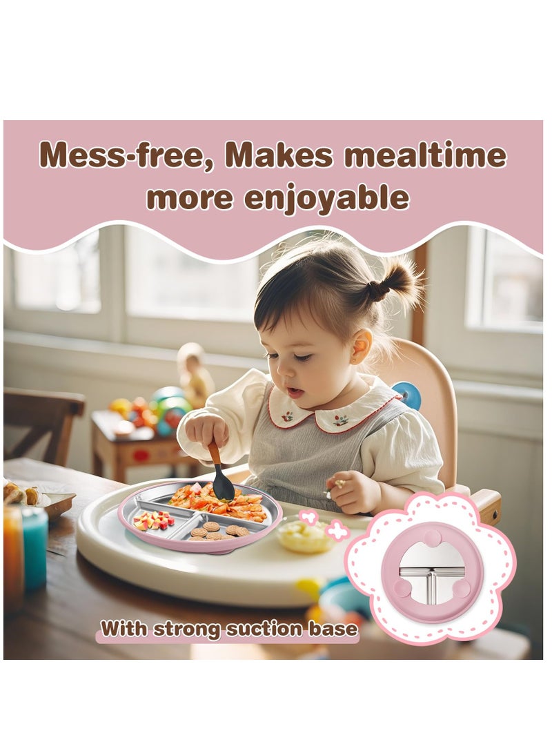 2 قطعة من أطباق الأطفال المصنوعة من الفولاذ المقاوم للصدأ مع شفط، أطباق أطفال مقسمة 9 بوصة بأكمام سيليكون قابلة للإزالة، أطباق أطفال غير قابلة للانزلاق، طقم أواني طعام معدنية للأطفال الصغار غير قابلة للكسر (وردي، بيج) - Image 5