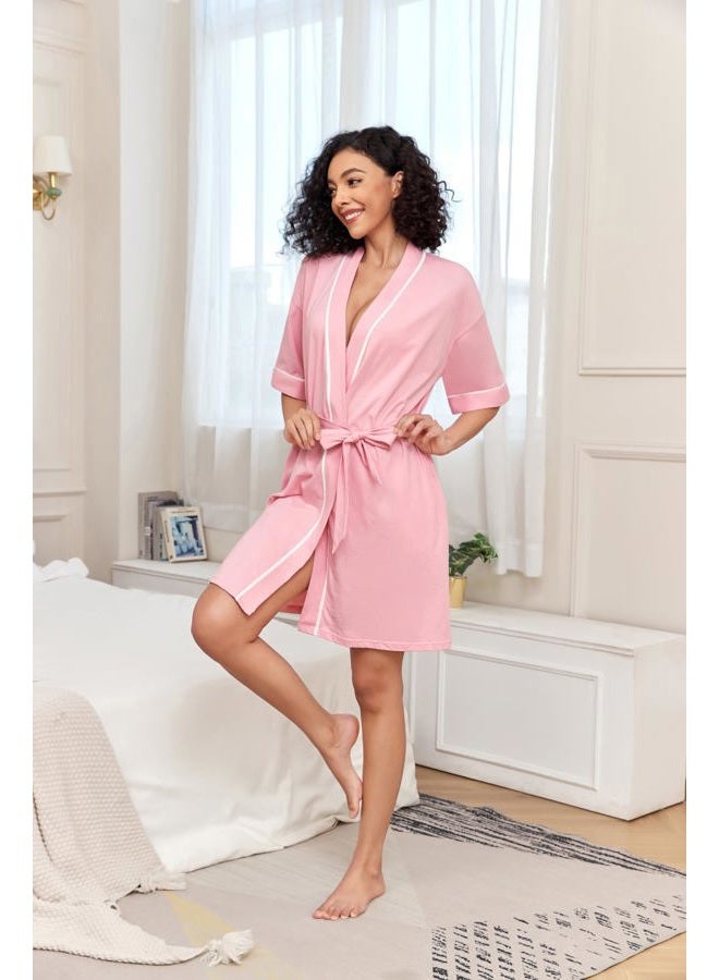 COLORFULLEAF Women's 100% Cotton Short Robes Summer Lightweight Kimono Robe Soft Spa Knit Bathrobe Sleepwear for Ladies, A-pink, L - Image 2