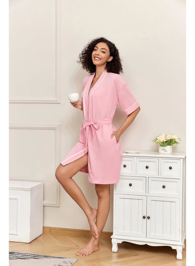COLORFULLEAF Women's 100% Cotton Short Robes Summer Lightweight Kimono Robe Soft Spa Knit Bathrobe Sleepwear for Ladies, A-pink, L - Image 3
