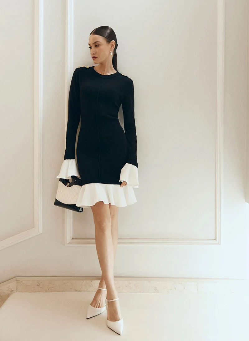 Lichi Mini knitted dress with contrasting flounces on the cuffs and skirt