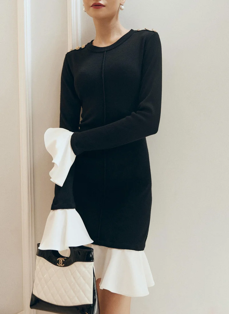 Lichi Mini knitted dress with contrasting flounces on the cuffs and skirt