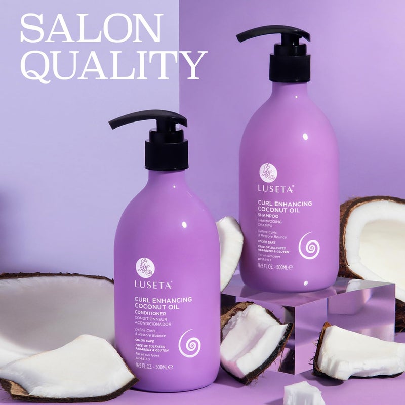 L LUSETA مجموعة شامبو وبلسم لوسيتا للشعر المجعد مع زيت جوز الهند، قفز غير محدود وتعريف للشعر المتموج والمجعد، يقلل من التجاعيد ويصلح الشعر الجاف، لجميع أنواع الشعر المجعد خالي من الكبريتات 16.9 أونصة سائلة × 2 - Image 2