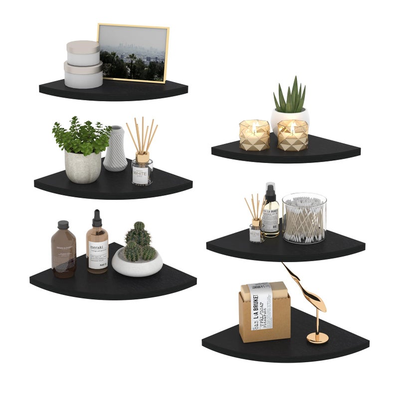HORLIMER Floating Corner Shelf Wall Mount, Set of 6 Rustic Wood Corner Wall Shelves for Bedroom, Living Room, Bathroom, Kitchen (Black) - Image 1